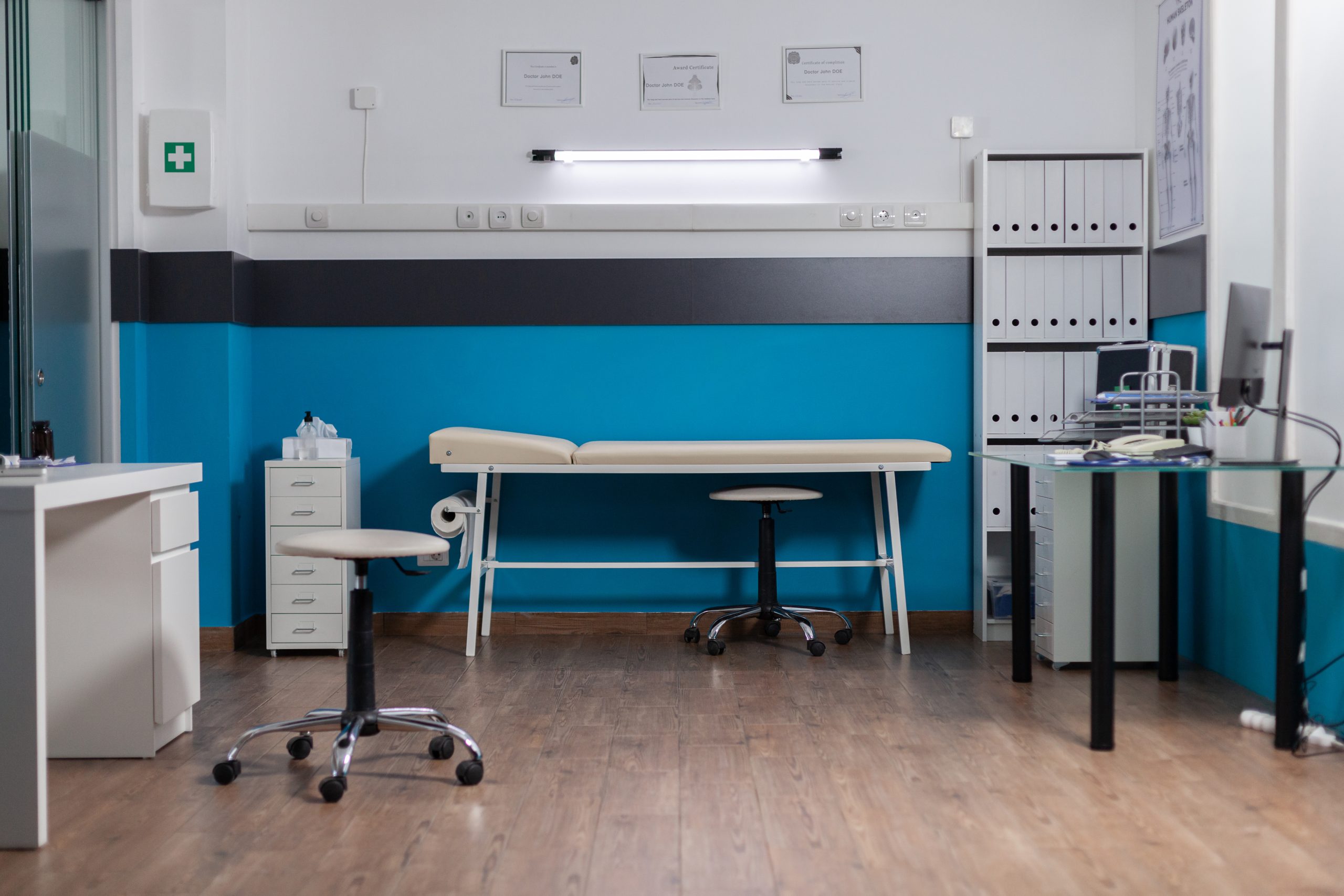 Nobody in office with medical equipment and instruments